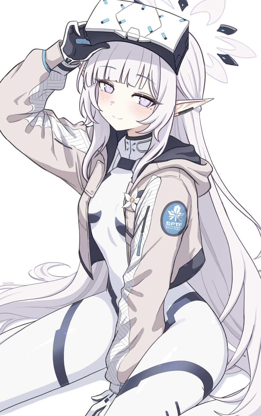 1girl, absurdres, blue_archive, bodysuit, commentary, earclip, english_commentary, flower