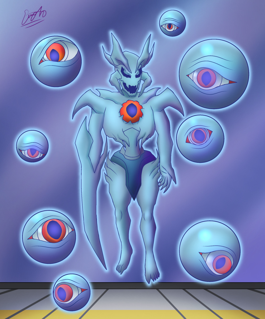 1boy, 2025, blue_background, blue_skin, emperor_(house_of_the_dead), eyeball, eyeballs, feet