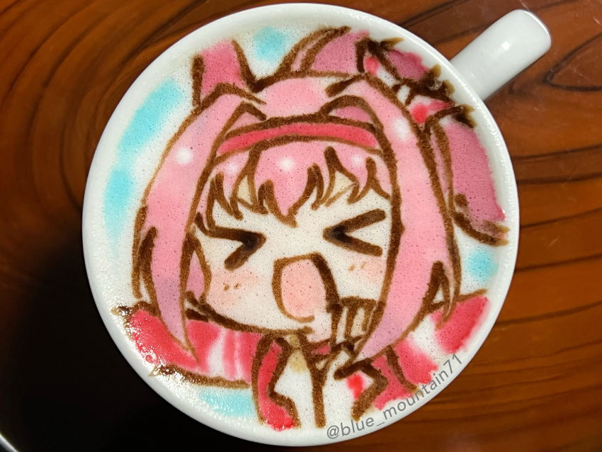 >_<, 1girl, :d, absurdres, animal_ears, blue_mountain71, blush, cappuccino, chibi, chibi_only, closed_eyes, commentary, food_art_(medium), hair_intakes, haru_urara_(umamusume), headband, highres, horse_ears, horse_girl, jacket, latte_art, latte_art_(medium), long_hair, open_mouth, pink_hair, portrait, red_headband, red_jacket, smile, solo, tracen_training_uniform, track_jacket, twitter_username, umamusume, unconventional_media, v-shaped_eyebrows, xd