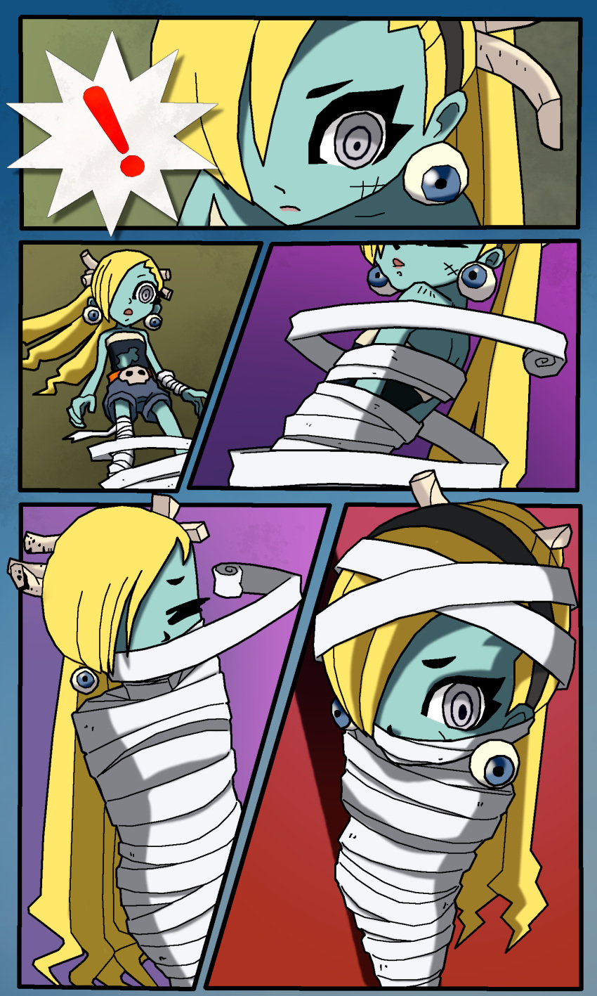 !, 1girl, 2021, blonde_hair, blue_eyes, blue_skin, bondage, comic