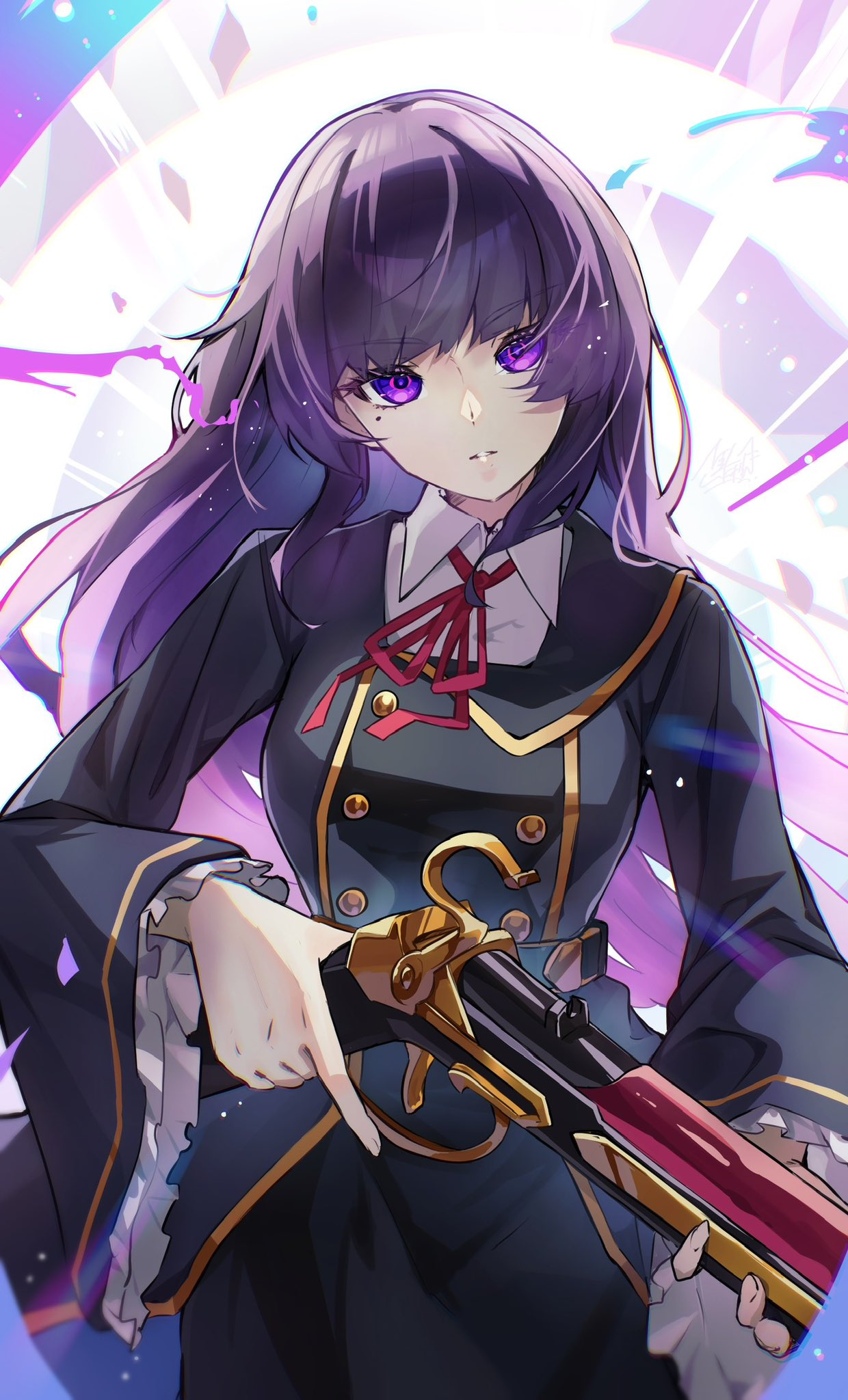 1girl, black_skirt, breasts, buttons, closed_mouth, eyelashes, frills, gun