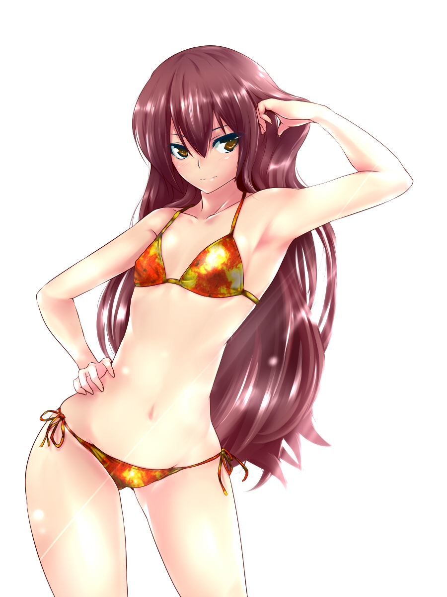 armpits, bikini, blush, brown_hair, collarbone, flat_chest, hand_in_hair, hand_on_hip