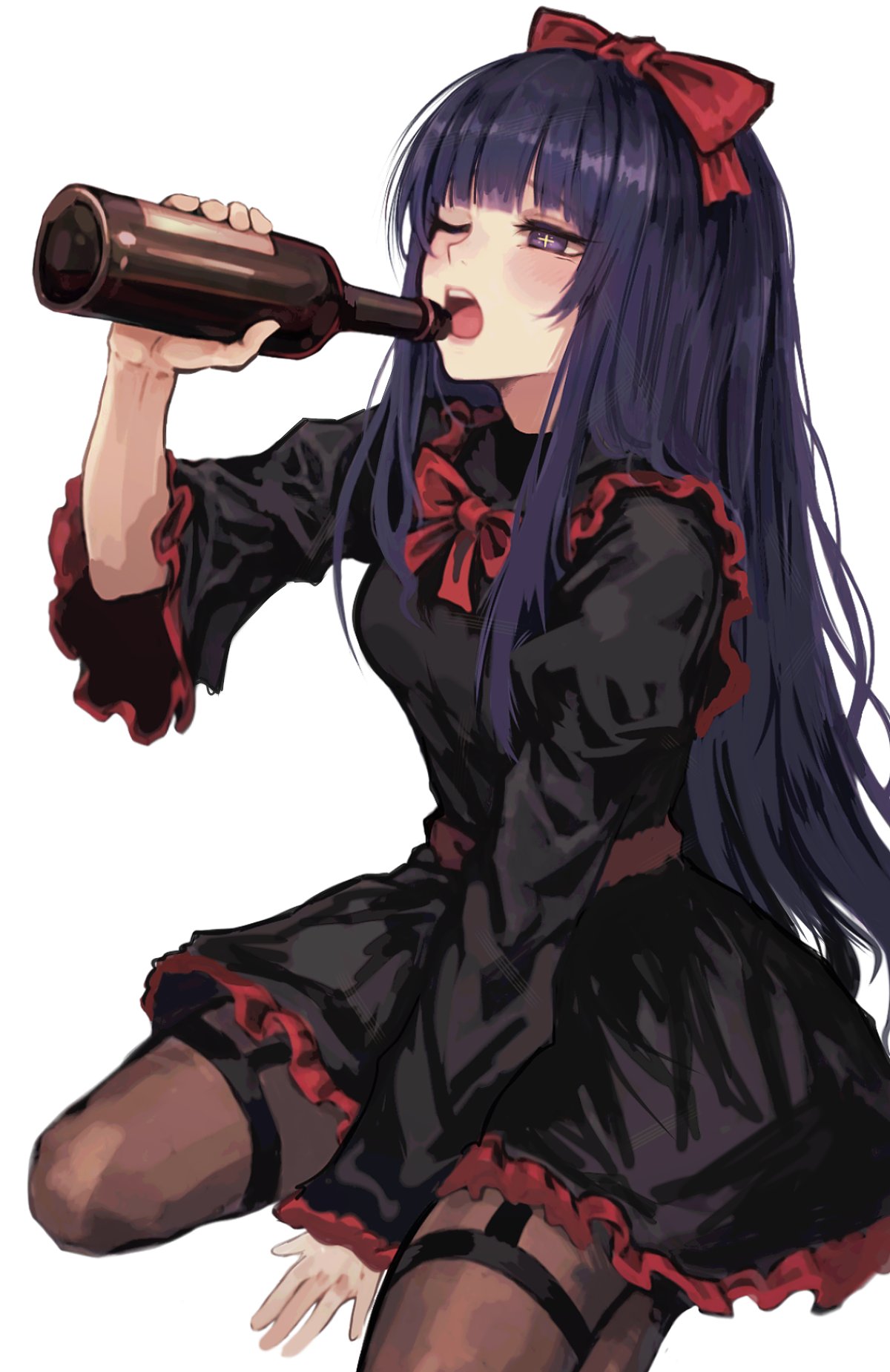 black_dress, black_souls, black_souls_2, blue_eyes, blush, bottle, bow, bow_hairband