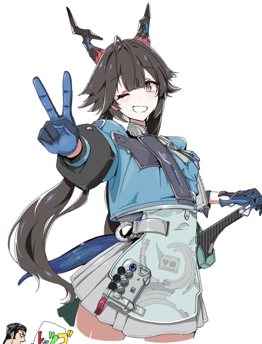 1girl, ;d, arknights, arknights:_endfield, black_hair, blue_gloves, blue_shirt, chen_qianyu_(arknights)