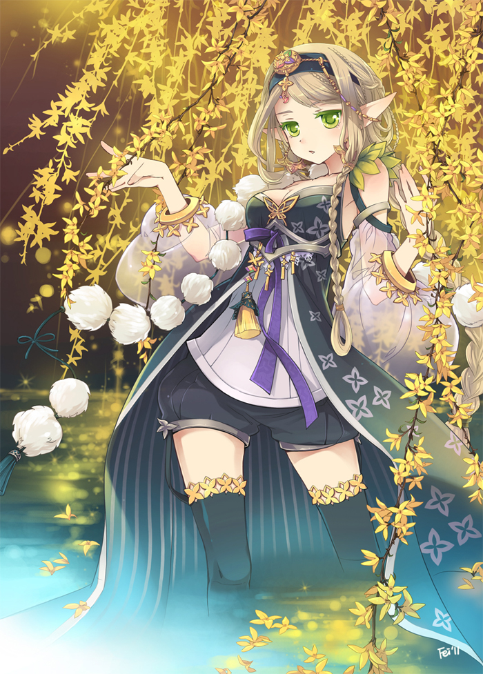 blonde_hair, braid, breasts, brown_hair, cleavage, colored_eyelashes, detached_sleeves, feiwing