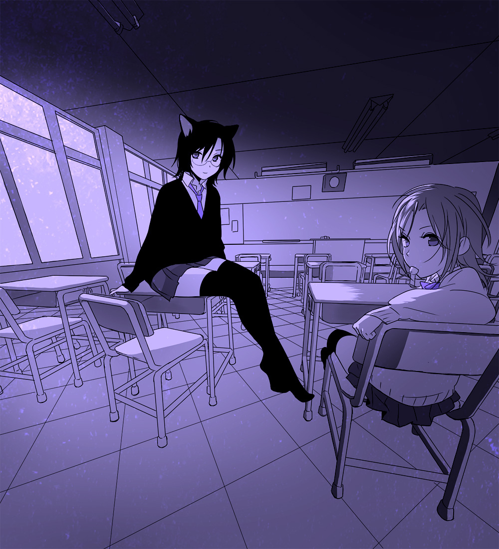animal_ears, black_hair, blazer, candy, cat_ears, chair, classroom, desk