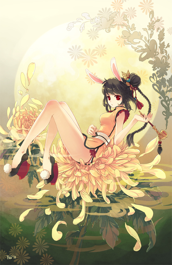 black_hair, braid, bunny_ears, china_dress, chinese_clothes, chrysanthemum, feiwing, flower