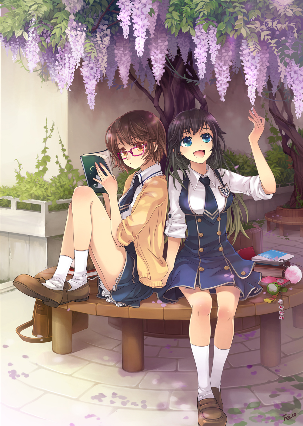 :d, bag, black_hair, blue_eyes, book, brown_hair, camera, cardigan