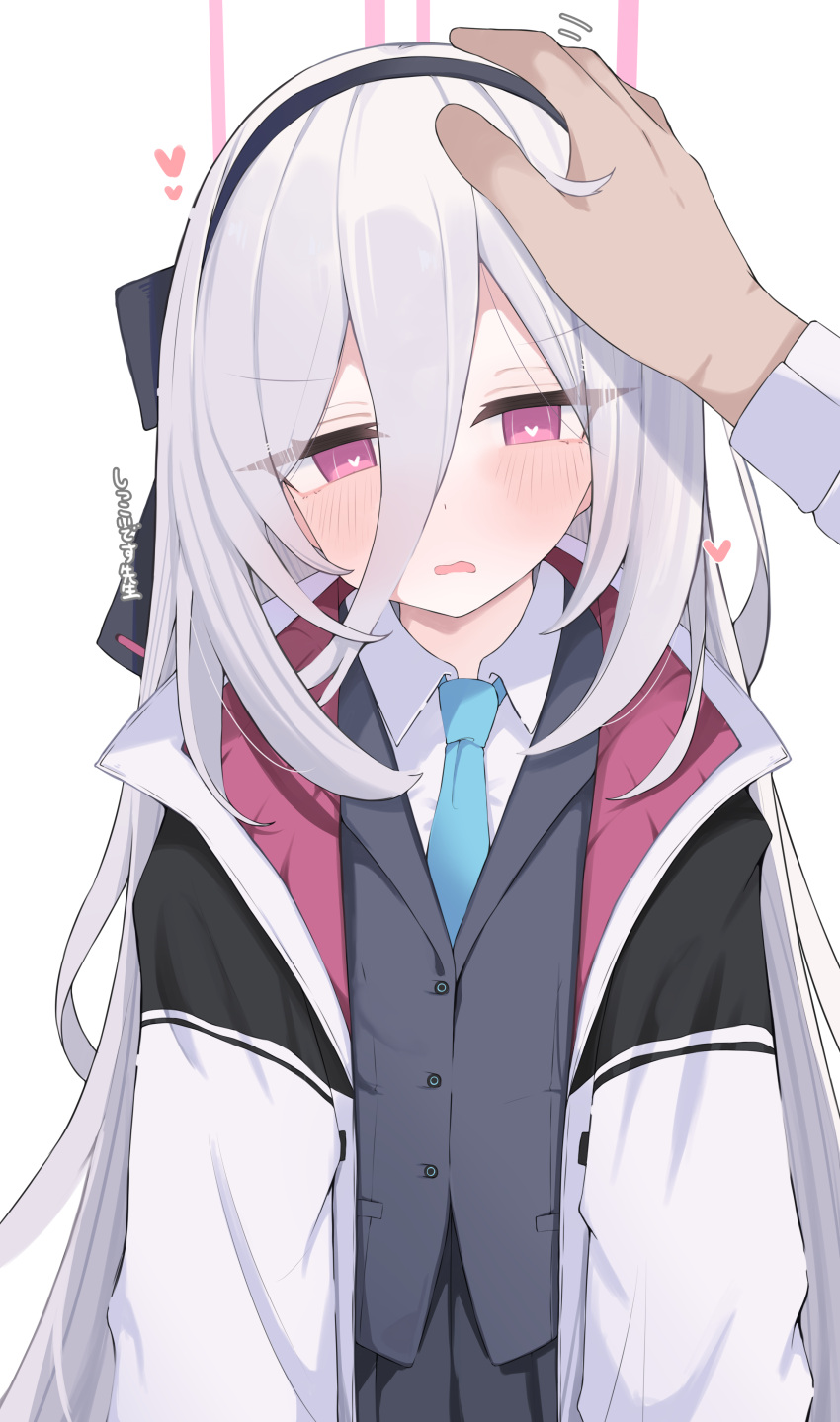 1girl, absurdres, black_hairband, blue_archive, blue_necktie, blush, hair_between_eyes, hairband