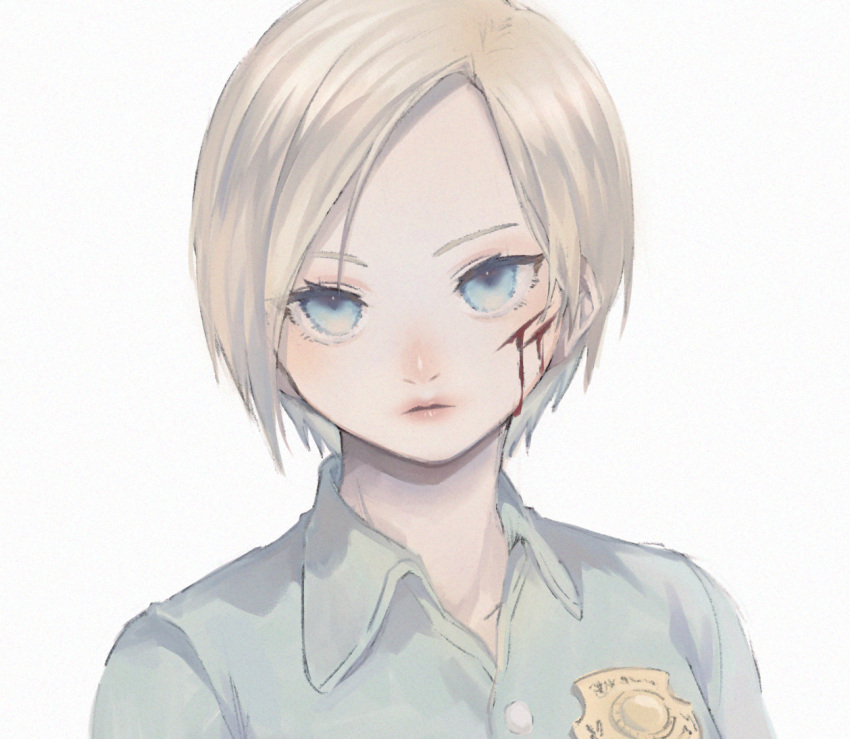 1girl, 2021, blonde_hair, blood, blood_on_face, blue_eyes, blue_shirt, collair_(cono), commentary_request, cybil_bennett, forehead, konami, partial_commentary, police, police_badge, police_uniform, portrait, shirt, silent_hill_(movie), silent_hill_(series), silent_hill_1, simple_background, white_background
