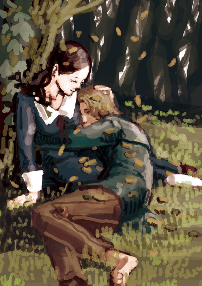 1boy, 1girl, 2009, alessa_gillespie, black_hair, blonde_hair, blue_shirt, brown_pants