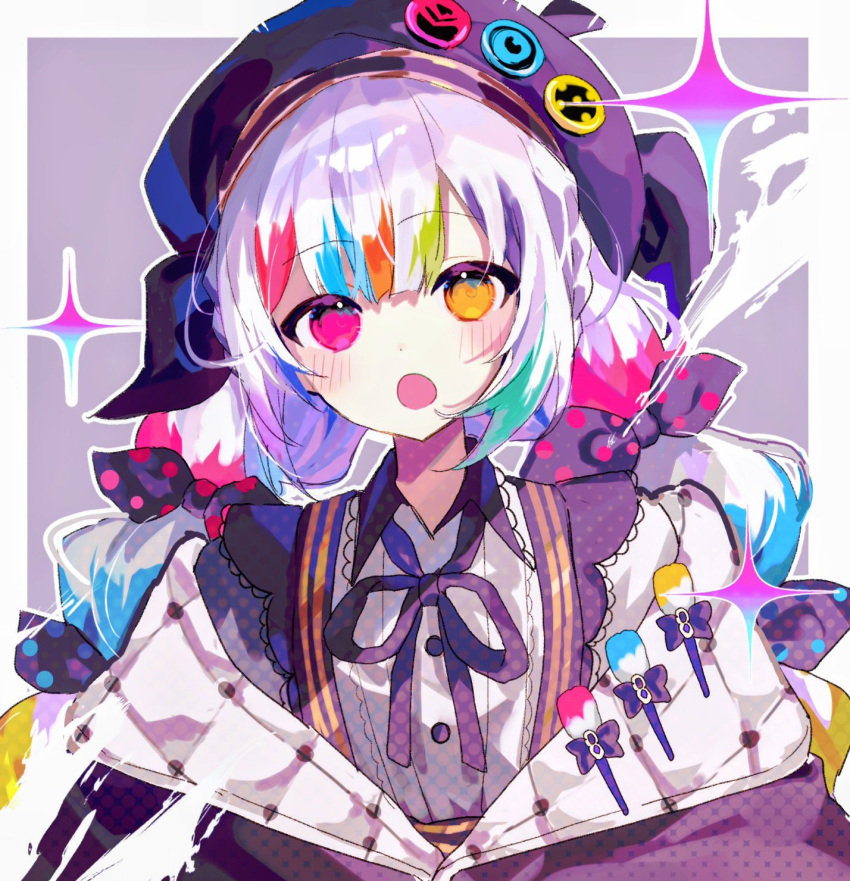 1girl, blue_hair, blush, colorful, commentary_request, hat, heterochromia, highres