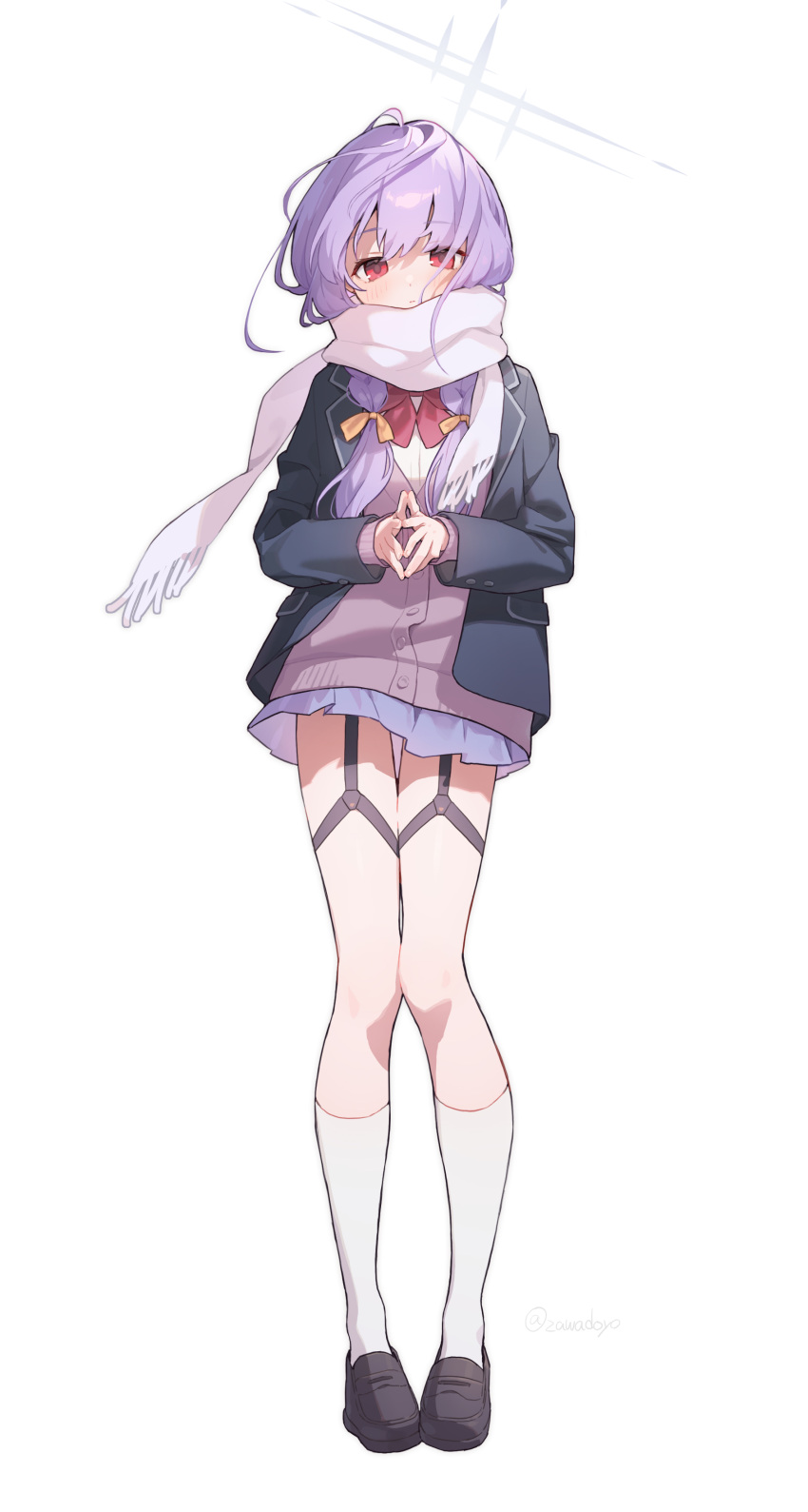 1girl, absurdres, alternate_costume, atsuko_(blue_archive), black_jacket, black_shoes, blue_archive, blue_shirt, bow, bowtie, closed_mouth, commentary_request, expressionless, full_body, hakasesuicchi, halo, highres, jacket, kneehighs, loafers, long_hair, looking_at_viewer, open_clothes, open_jacket, purple_hair, red_bow, red_bowtie, red_eyes, scarf, shirt, shoes, simple_background, socks, solo, standing, twitter_username, white_background, white_socks