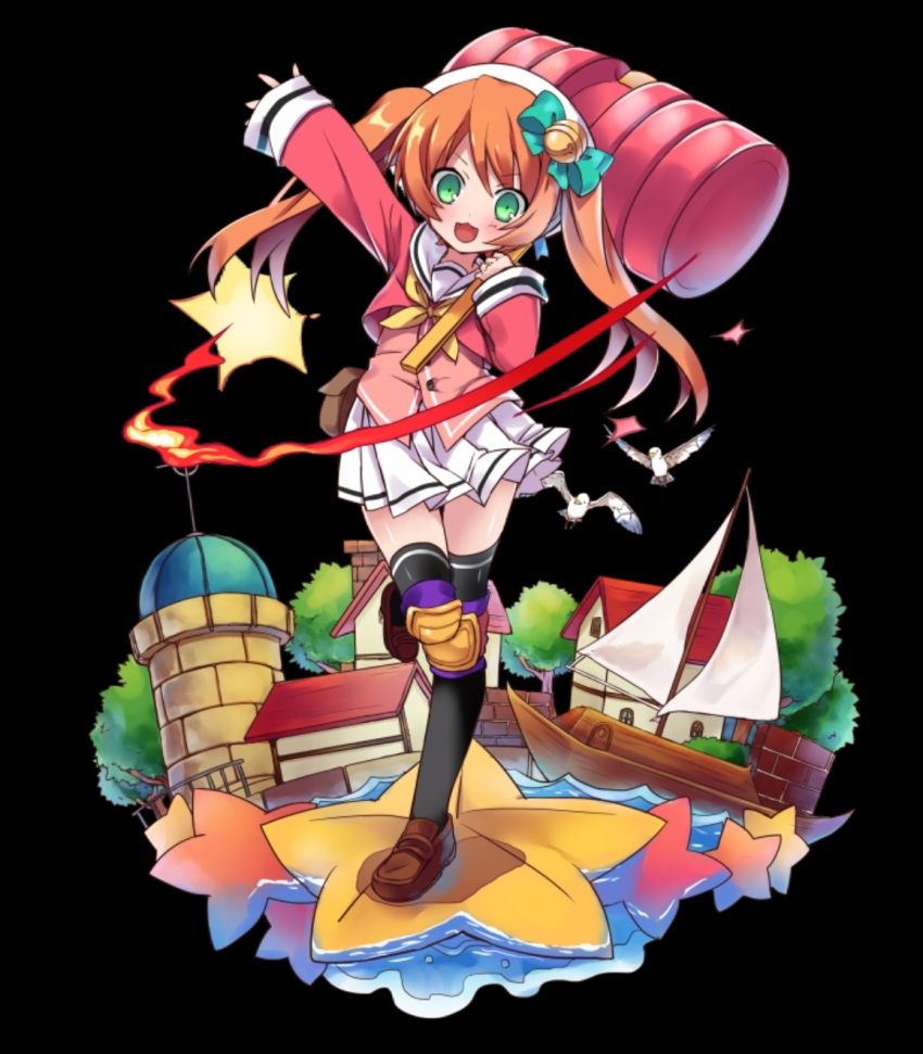 :3, arm_up, belt_pouch, bird, black_background, black_thighhighs, blush, boat, brown_shoes, flat_chest, full_body, green_eyes, hair_between_eyes, hammer, haru_(merc_storia), highres, holding, holding_hammer, house, knee_guards, loafers, long_hair, merc_storia, merc_storia_art_team, miniskirt, neckerchief, official_art, open_hand, open_mouth, orange_hair, outstretched_arm, pink_serafuku, pleated_skirt, pouch, sailboat, sailor_collar, school_uniform, serafuku, shoes, sidelocks, simple_background, skirt, smile, solo, spread_fingers, standing, standing_on_one_leg, star_(symbol), tachi-e, thigh-highs, thighs, toy_hammer, tree, twintails, v-shaped_eyebrows, water, watercraft, waving, white_sailor_collar, white_skirt, yellow_neckerchief