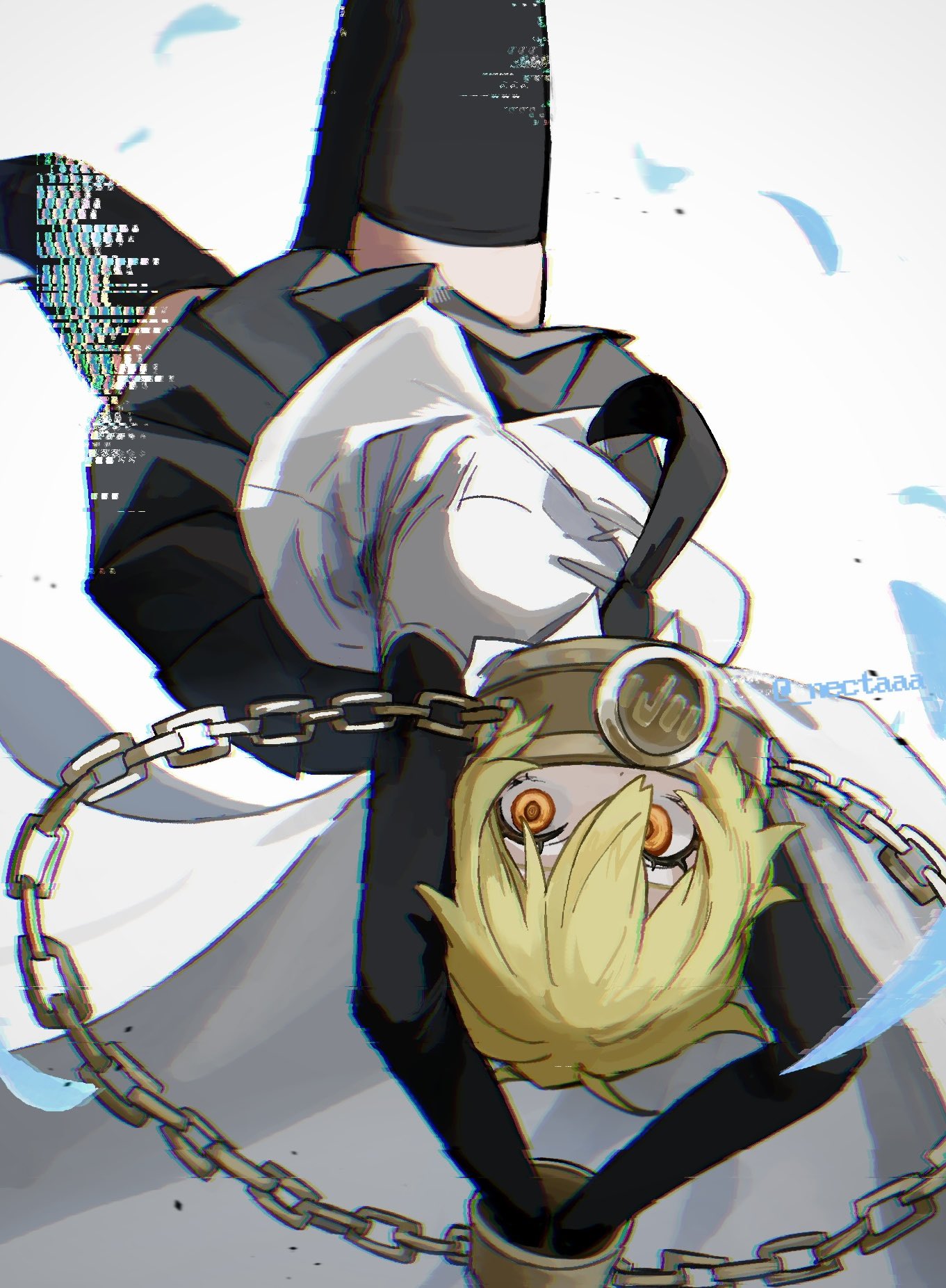 1girl, artist_name, black_necktie, black_skirt, black_sleeves, black_thighhighs, blonde_hair, cape