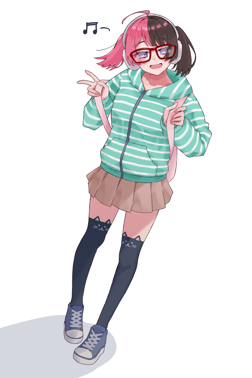1girl, absurdres, ahoge, alternate_costume, backpack, bag, black_thighhighs, blue_shoes, brown_hair, brown_skirt, dutch_angle, full_body, glasses, headphones, highres, hood, hooded_jacket, jacket, looking_at_viewer, madtown_gta, multicolored_hair, open_mouth, pink_hair, pleated_skirt, red-framed_eyewear, shoes, simple_background, skirt, sneakers, solo, split-color_hair, standing, striped_clothes, striped_jacket, tachibana_hinano, thigh-highs, twintails, two-tone_hair, v, violet_eyes, virtual_youtuber, vspo!, white_background, zephda