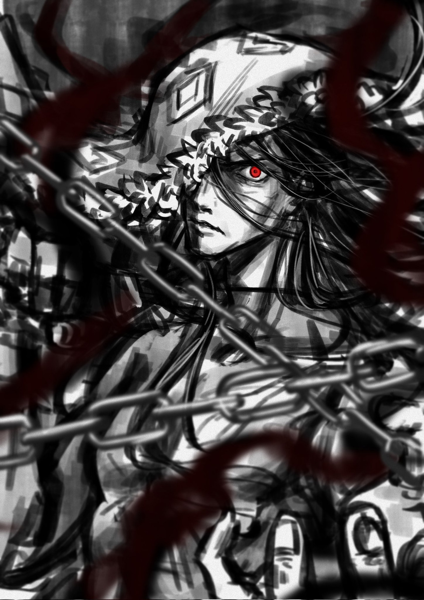 1boy, alcides_(fate), baixiang1234567, chain, fate/strange_fake, fate_(series), greyscale, heracles_(fate), highres, long_hair, looking_at_viewer, male_focus, monochrome, one_eye_covered, red_eyes, solo, spot_color, upper_body
