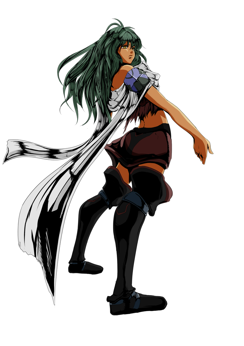 boots, emeralda_kasim, from_behind, green_hair, long_hair, midriff, na-naki, thigh-highs