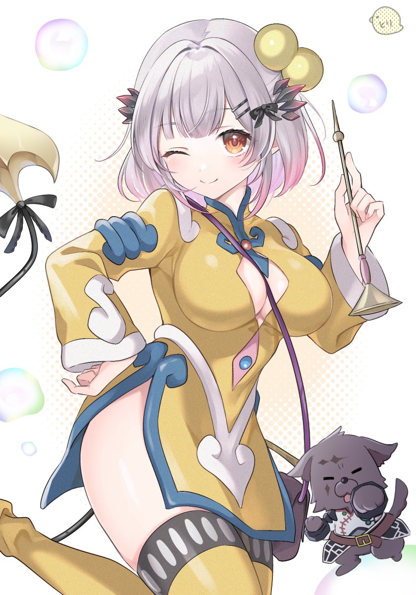 1girl, black_bow, bow, cleavage_cutout, clothing_cutout, commentary_request, cosplay, demon_girl