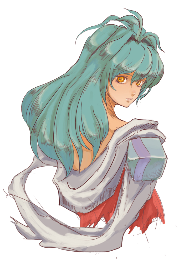 back, emeralda_kasim, from_behind, green_hair, long_hair, looking_back, na-naki, scarf