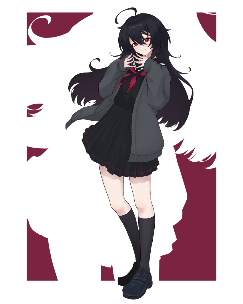 1girl, absurdres, ahoge, black_hair, black_serafuku, black_shoes, black_skirt, black_socks