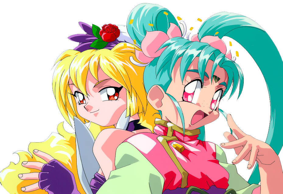 1990s_(style), 2girls, aqua_hair, back-to-back, bad_id, blonde_hair, choker, closed_mouth