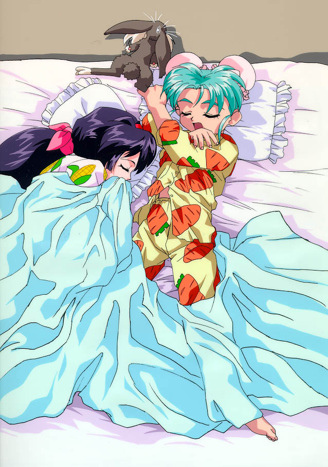 1990s_(style), 2girls, amano_misao_(pretty_sammy), aqua_hair, bad_id, barefoot, bed_sheet, bow