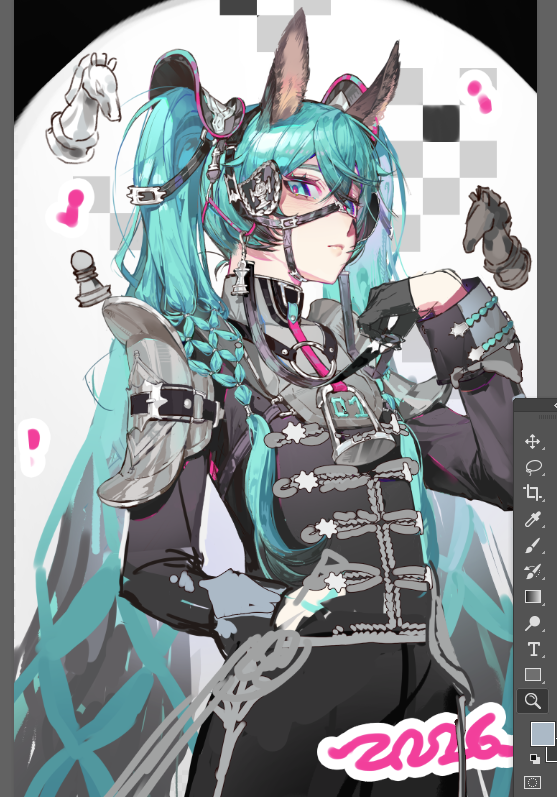 1girl, alternate_costume, animal_ears, aqua_eyes, aqua_hair, armor, art_program_in_frame, black_gloves