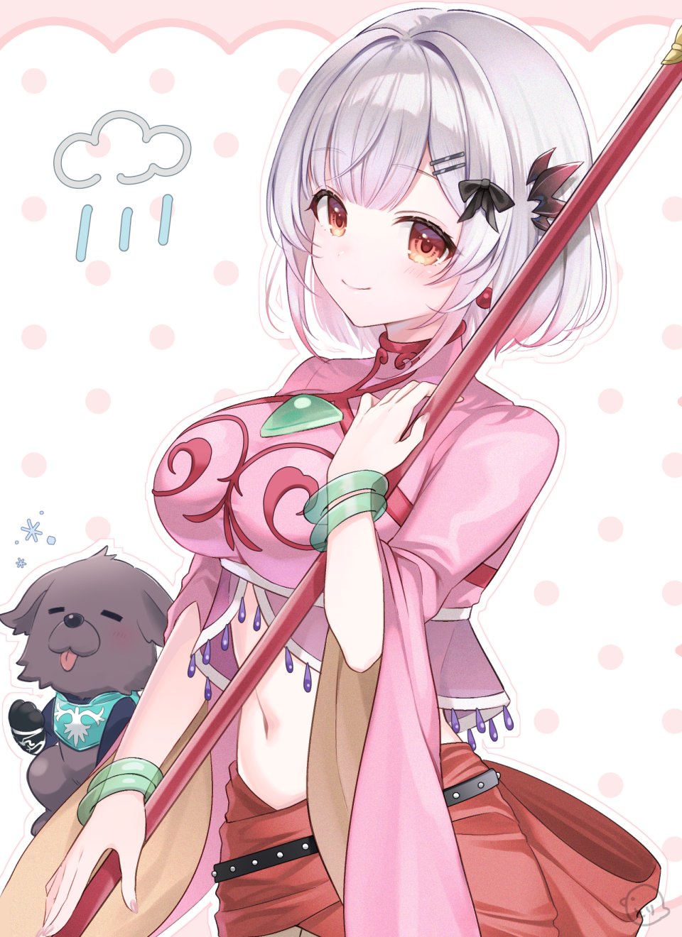 1girl, annie_barrs, annie_barrs_(cosplay), armlet, belt, black_bow, bow, bracelet, commentary_request, cosplay, demon_girl, demon_horns, earrings, gradient_hair, grey_hair, hair_bow, highres, holding, holding_staff, horns, indie_virtual_youtuber, jewelry, long_sleeves, midriff, multicolored_hair, navel, pink_hair, pink_shirt, shirt, smile, staff, suou_patra, tales_of_(series), tales_of_rebirth, torimarururu, virtual_youtuber, wide_sleeves