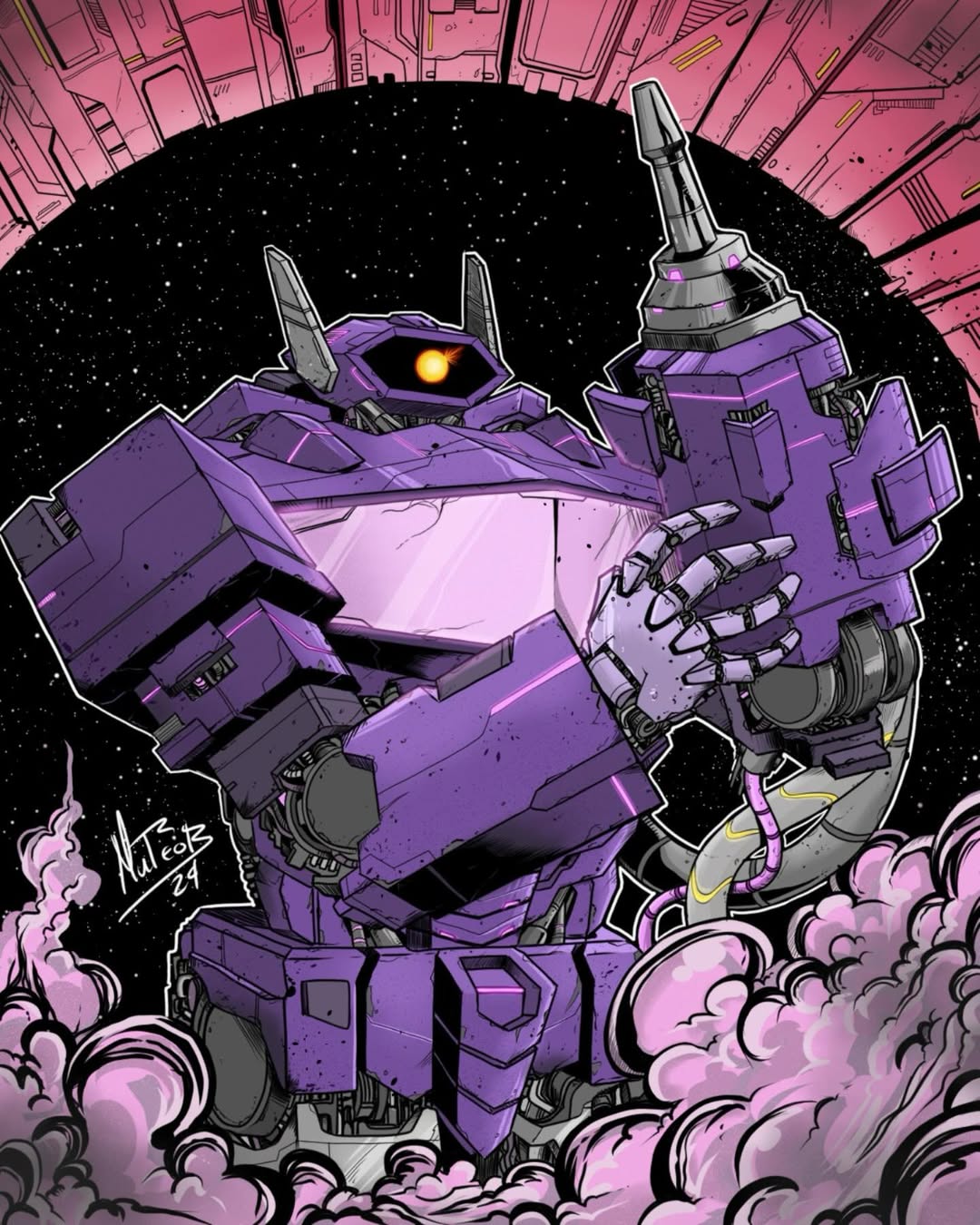 2024, arm_cannon, cable, decepticon, glowing, glowing_eye, highres, mattikron