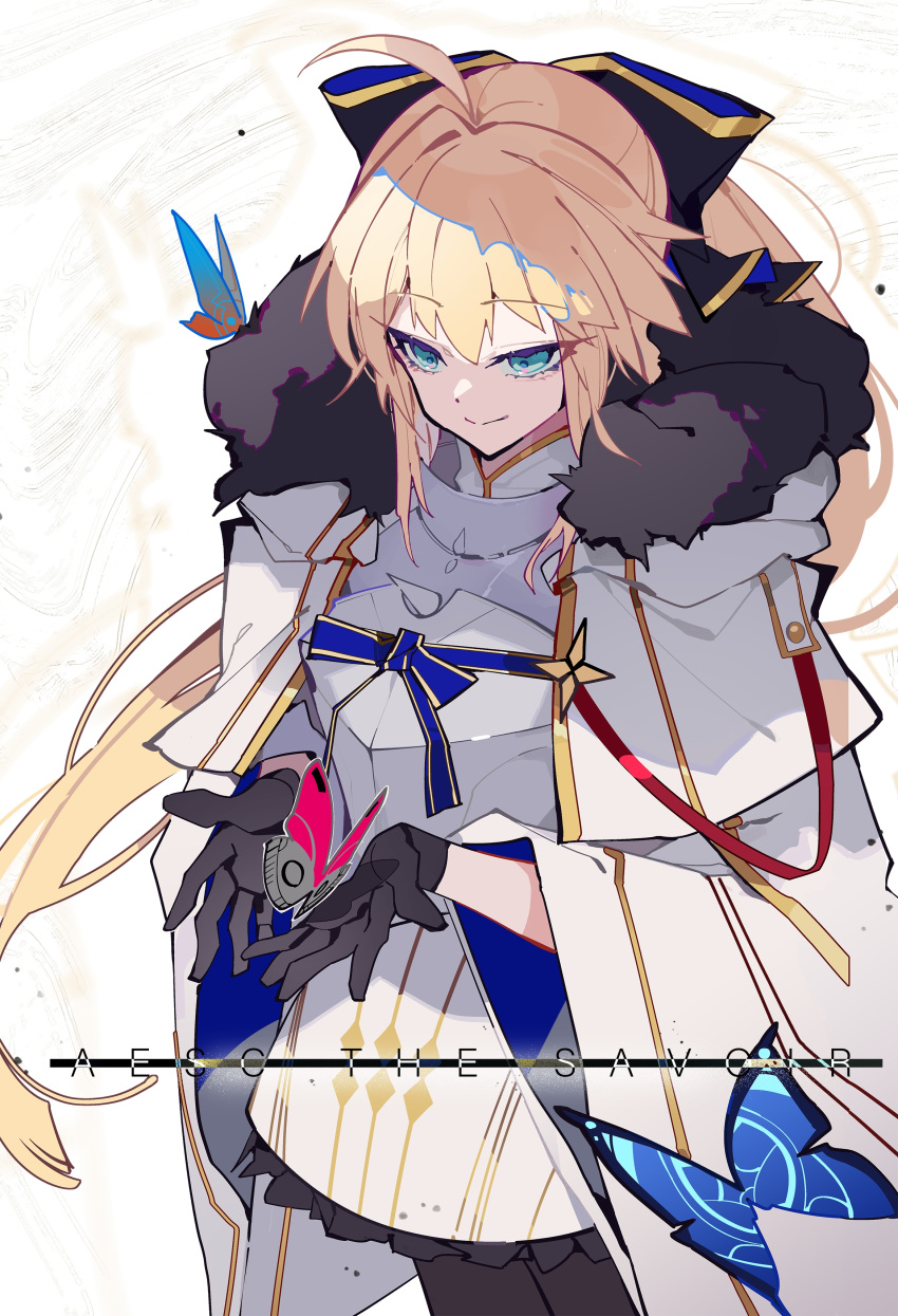 1girl, absurdres, aesc_(fate), aesc_(savior)_(fate), ahoge, armor, armored_dress, black_gloves, blonde_hair, blue_eyes, blue_hair, bow, breastplate, breasts, brown_pantyhose, bug, butterfly, character_name, cloak, commentary, dress, fate/grand_order, fate_(series), fur-trimmed_cloak, fur_trim, gloves, hair_bow, highres, long_hair, long_sleeves, medium_breasts, multicolored_hair, pantyhose, ponytail, ragnal, smile, solo, two-tone_hair, very_long_hair, white_cloak, white_dress, wide_sleeves