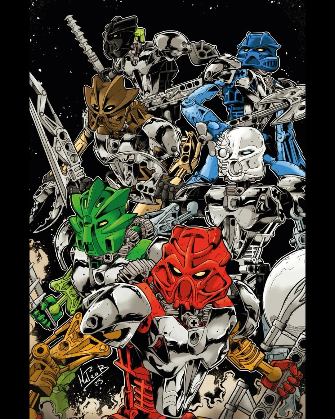 axe, bionicle, black_background, blue_eyes, dual_wielding, gali_(bionicle), green_eyes, highres