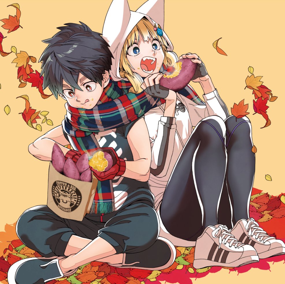 1boy, 1girl, aimoto_shou_(artist), animal_hood, black_hair, black_leggings, blonde_hair, blue_eyes