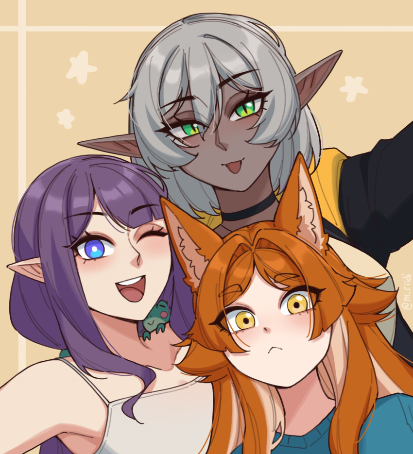 3girls, :<, ajeng_(mawaridi), animal, animal_ear_fluff, animal_ears, animal_on_shoulder, black_choker