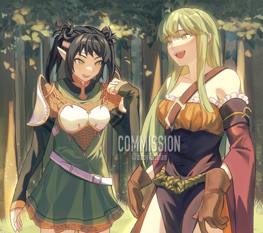 2girls, armor, armored_dress, babykatafan, bare_shoulders, belt, black_hair, breastplate