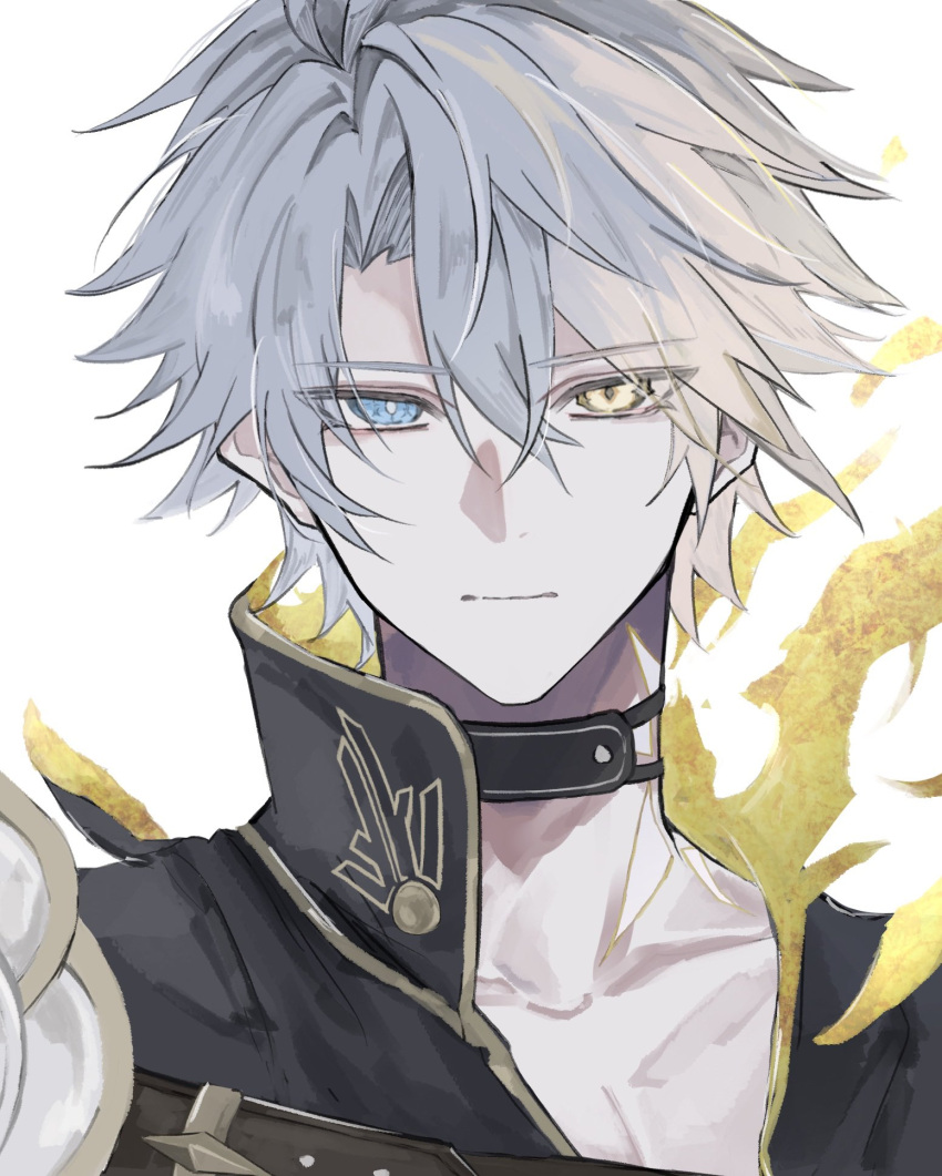 1boy, antenna_hair, armor, black_choker, black_shirt, blue_eyes, choker, coat