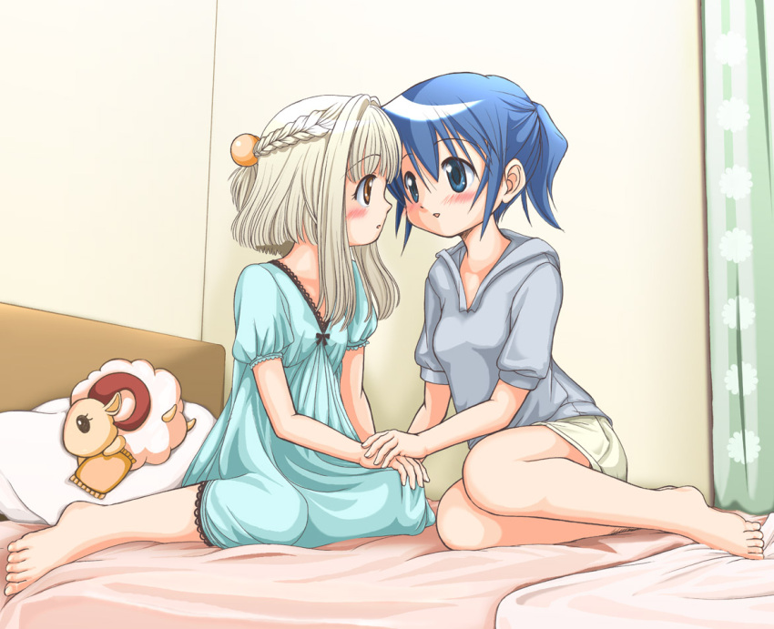 barefoot, bed, blue_eyes, blue_hair, blush, brown_eyes, eye_contact, hidamari_sketch, holding_hands, kahis_(sweetbriar), lamool, multiple_girls, nazuna, nori, nori_(hidamari_sketch), yuri