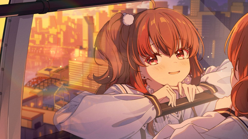 1girl, asunaro_(vxsz5k_mamun), brown_eyes, brown_hair, city, cityscape, commentary_request, commission