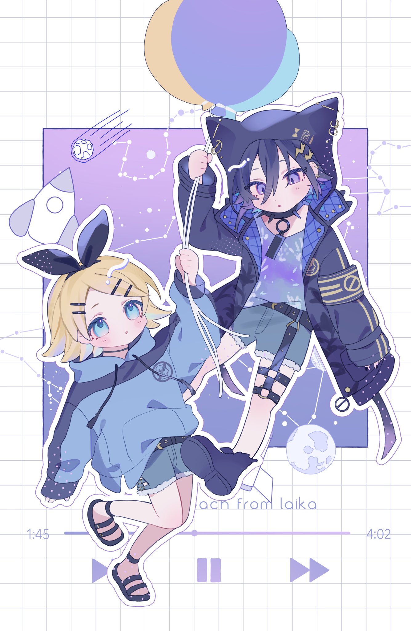 10_io, 1boy, 1girl, animal_hood, balloon, belt, black_belt, black_bow, black_choker, black_hair, black_hood, black_jacket, black_sandals, blonde_hair, blue_eyes, blue_hoodie, blush_stickers, bow, cat_hood, chibi, chibi_only, choker, comet, commentary, constellation, cosplay, denim, denim_shorts, fast_forward_button, full_body, grid_background, hair_bow, hair_ornament, hairclip, highres, holding, holding_balloon, holostars, hood, hooded_jacket, hoodie, jacket, kagamine_rin, kanade_izuru, kanade_izuru_(1st_costume), kanade_izuru_(3rd_costume), kanade_izuru_(cosplay), leo_(constellation), lightning_bolt_hair_ornament, lightning_bolt_symbol, media_player_interface, o-ring, open_clothes, open_jacket, outline, pause_button, pisces_(constellation), progress_bar, purple_background, rocket, sandals, scorpius_(constellation), short_hair, shorts, sleeves_past_wrists, spiked_choker, spikes, violet_eyes, virtual_youtuber, vocaloid, white_background, white_outline