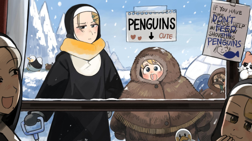 5girls, :3, :d, animal_costume, bird, black_mittens, blonde_hair, blue_eyes