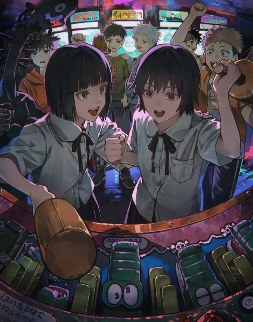 2others, 3girls, 5boys, absurdres, aged_down, aizo_(king_gnu), arcade, arcade_cabinet, arm_up, bandaid, bandaid_on_cheek, bandaid_on_face, black_eyes, black_hair, black_shoes, black_skirt, blue_eyes, blue_hoodie, blue_shorts, bob_cut, breast_pocket, brown_eyes, collared_shirt, commentary, cursed_spirit_(jujutsu_kaisen), english_text, fushiguro_megumi, gojou_satoru, green_shirt, hand_on_another's_shoulder, highres, hood, hoodie, hungry_hungry_hippos, itadori_yuuji, jujutsu_kaisen, king_gnu, kugisaki_nobara, kyuuba_melo, looking_at_another, looking_at_viewer, looking_back, mallet, multiple_boys, multiple_girls, multiple_others, orange_hoodie, orange_vest, pleated_skirt, pocket, print_shirt, ryoumen_sukuna_(jujutsu_kaisen), school_uniform, shirt, shoes, short_sleeves, shorts, skirt, skull_and_crossbones, symbol-only_commentary, twins_(aizo), vest, white_hair, white_shirt, yellow_eyes, zen'in_naoya