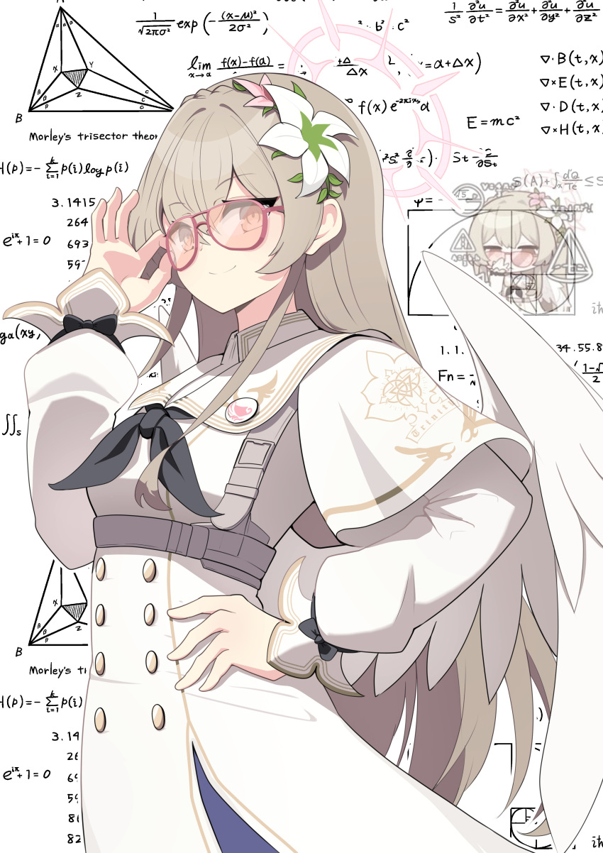 1girl, absurdres, adjusting_eyewear, angel_wings, aviator_sunglasses, black_neckerchief, blonde_hair, blue_archive