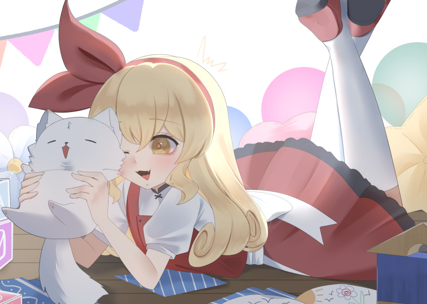 1girl, absurdres, back_bow, blonde_hair, blush, bow, cat, commentary