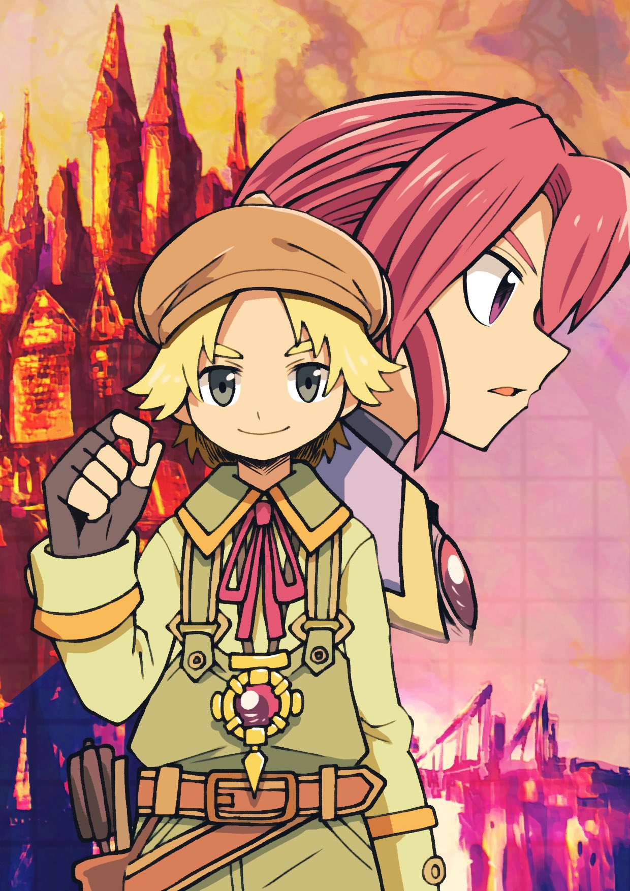 1boy, 1girl, batchgooya, closed_mouth, dark_chronicle, gloves, hat, highres