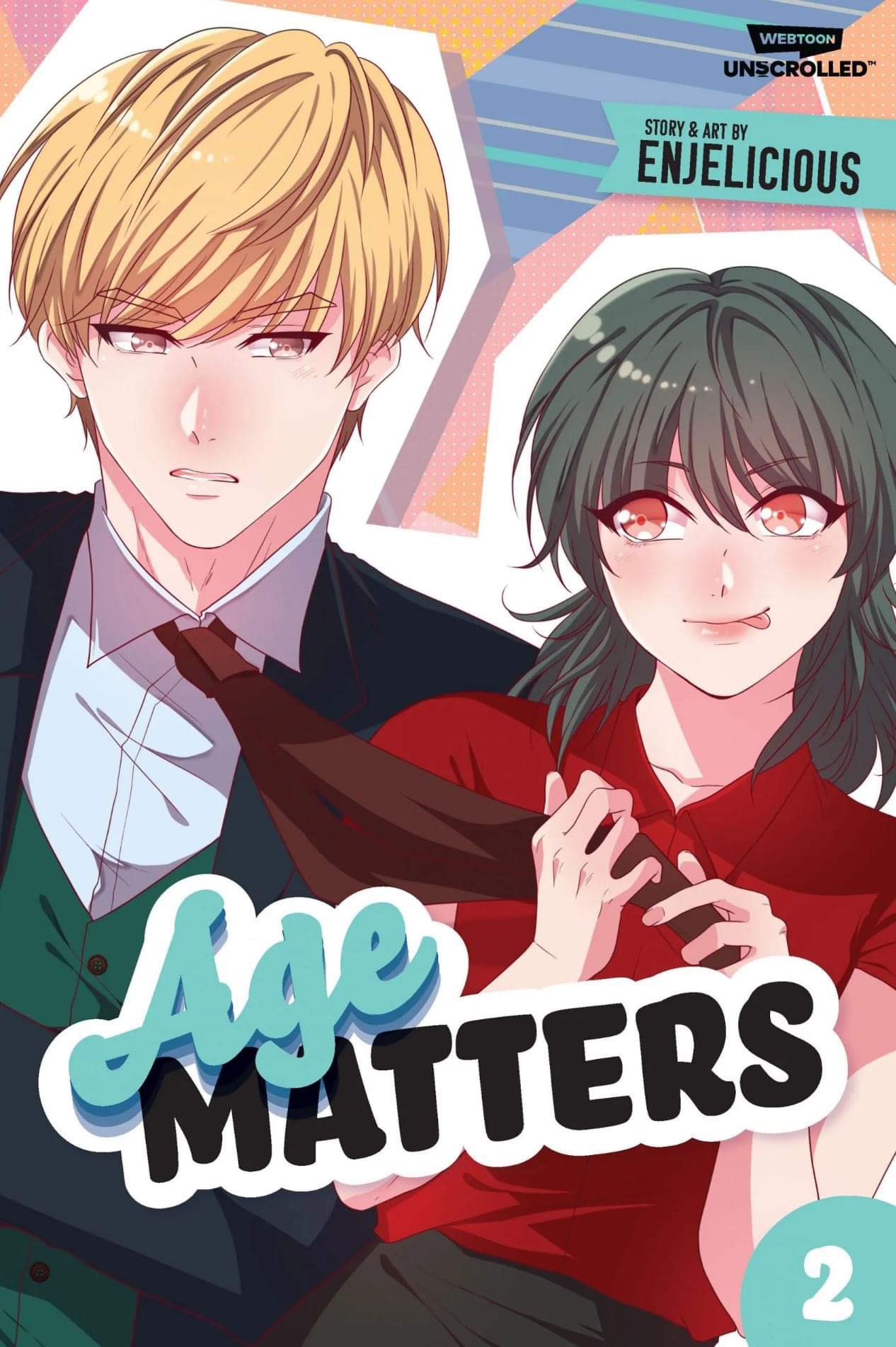 1boy, 1girl, :p, age_matters, artist_name, blonde_hair, commentary, copyright_name, cover, cover_page, daniel_yoon, english_commentary, enjelicious, grey_eyes, grey_hair, highres, long_hair, orange_eyes, pale_skin, pink_lips, pulling_another's_clothes, red_shirt, rose_choi, shirt, short_hair, tongue, tongue_out, upper_body