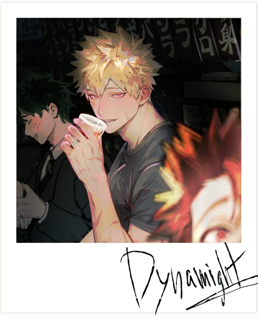 3boys, bakugou_katsuki, black_jacket, blonde_hair, blurry, boku_no_hero_academia, border, character_signature