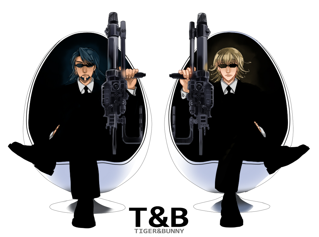 barnaby_brooks_jr, blonde_hair, brown_hair, cosplay, crossed_legs, formal, gun, hajime_(housennka), kaburagi_t_kotetsu, legs_crossed, male, men_in_black, mib, multiple_boys, necktie, parody, sitting, suit, sunglasses, tiger_&amp;_bunny, weapon