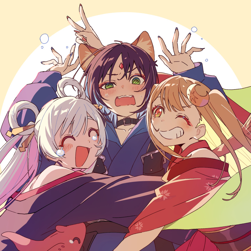 3girls, ;d, @_@, ^_^, animal_ears, blonde_hair, blush, chou_kaguya-hime!, closed_eyes, commentary_request, green_eyes, highres, hug, iroha_sakayori, kaguya_(chou_kaguya-hime!), korean_commentary, multiple_girls, one_eye_closed, owlbox, purple_hair, smile, v, white_hair, yachiyo_runami
