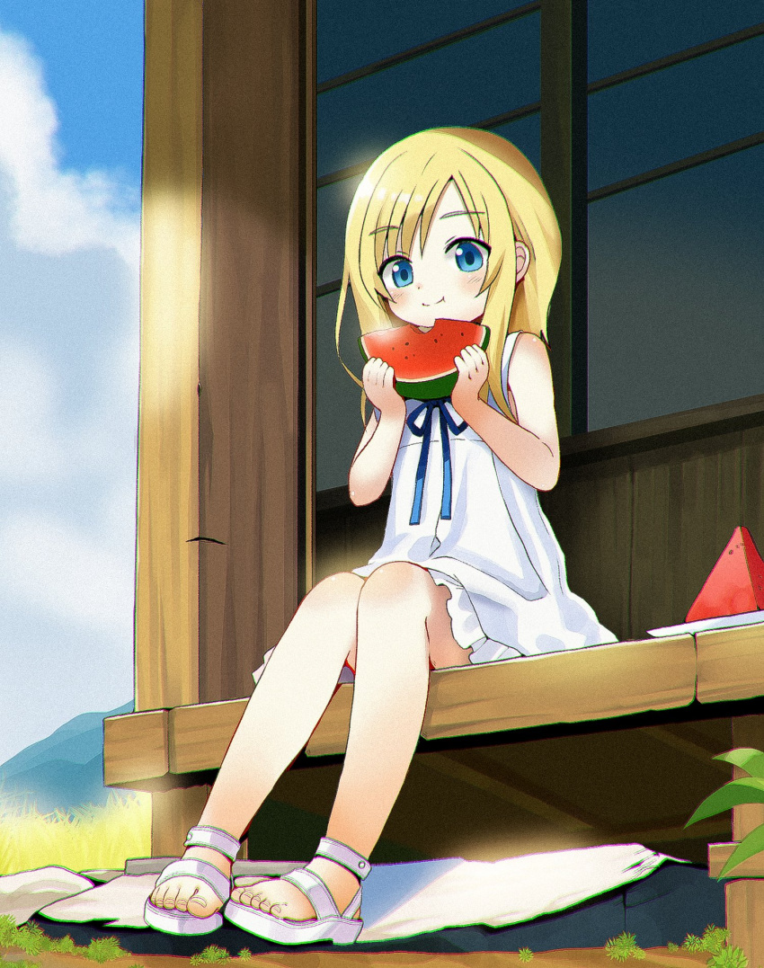 1girl, aged_down, aya_brea, blonde_hair, blue_eyes, closed_mouth, clouds, commentary_request, commission, dress, food, fruit, highres, long_hair, looking_at_viewer, parasite_eve_(series), parasite_eve_i, second-party_source, sitting, smile, solo, watermelon, white_dress
