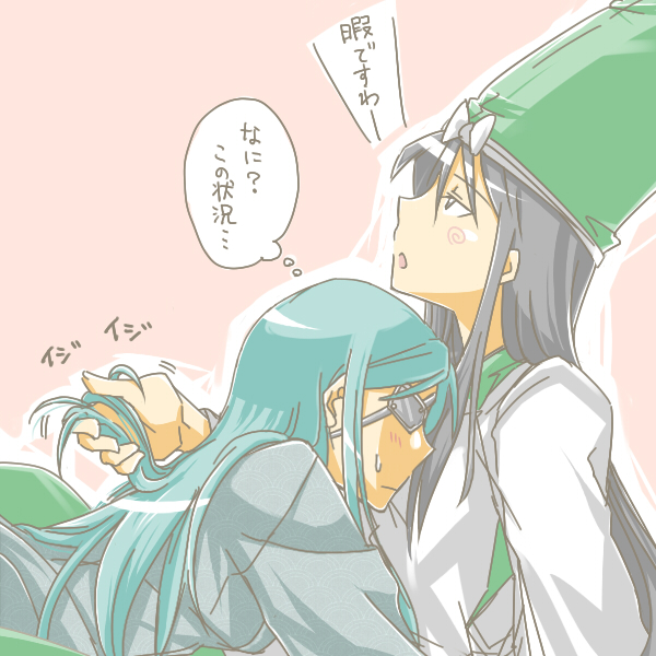 blush, d_no, date_masamune_(sengoku_otome), eyepatch, hat, imagawa_yoshimoto_(sengoku_otome), long_hair, multiple_girls